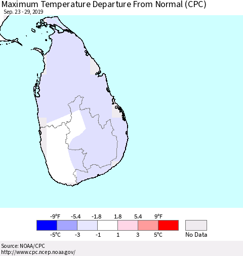 Sri Lanka Maximum Temperature Departure From Normal (CPC) Thematic Map For 9/23/2019 - 9/29/2019