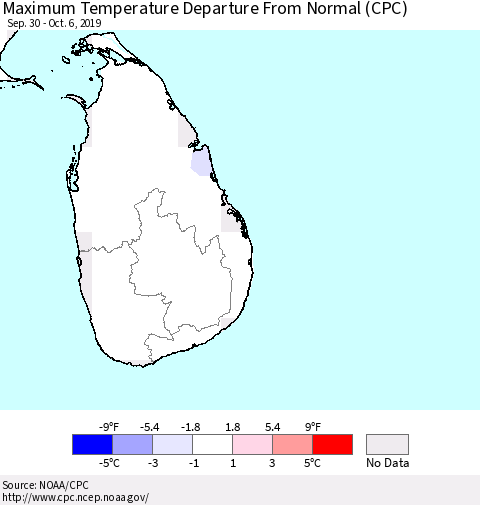Sri Lanka Maximum Temperature Departure From Normal (CPC) Thematic Map For 9/30/2019 - 10/6/2019