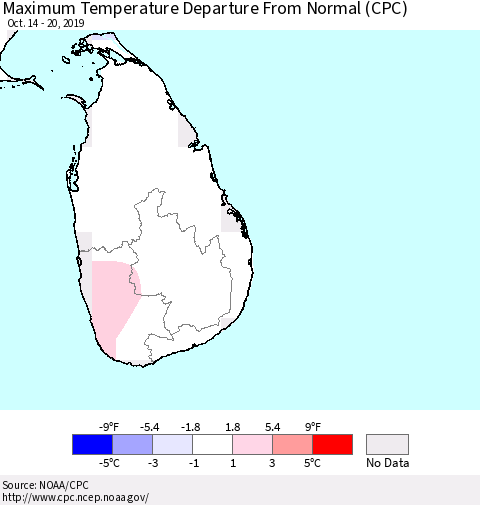 Sri Lanka Mean Maximum Temperature Departure from Normal (CPC) Thematic Map For 10/14/2019 - 10/20/2019
