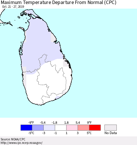Sri Lanka Mean Maximum Temperature Departure from Normal (CPC) Thematic Map For 10/21/2019 - 10/27/2019