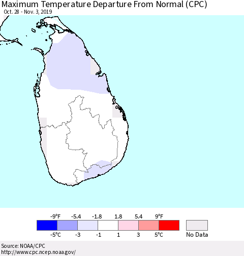 Sri Lanka Mean Maximum Temperature Departure from Normal (CPC) Thematic Map For 10/28/2019 - 11/3/2019