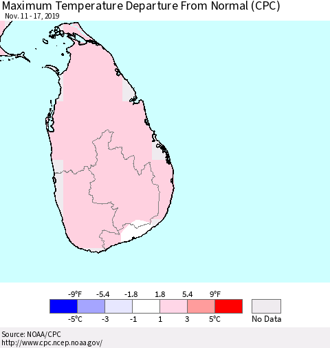 Sri Lanka Maximum Temperature Departure From Normal (CPC) Thematic Map For 11/11/2019 - 11/17/2019