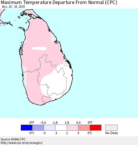 Sri Lanka Maximum Temperature Departure From Normal (CPC) Thematic Map For 11/18/2019 - 11/24/2019