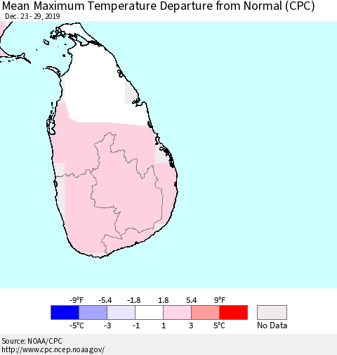 Sri Lanka Maximum Temperature Departure From Normal (CPC) Thematic Map For 12/23/2019 - 12/29/2019