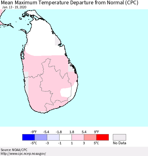 Sri Lanka Maximum Temperature Departure From Normal (CPC) Thematic Map For 1/13/2020 - 1/19/2020
