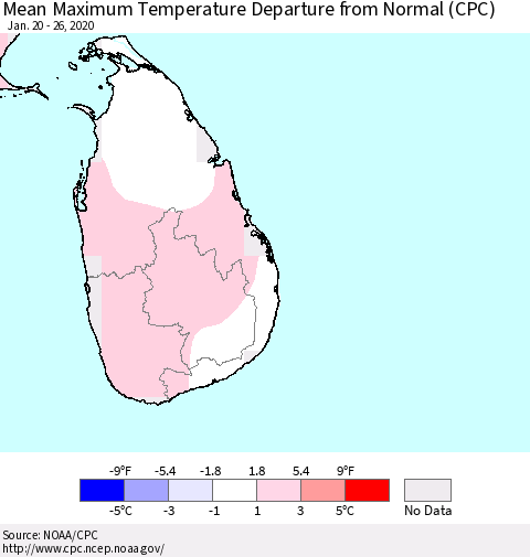 Sri Lanka Maximum Temperature Departure From Normal (CPC) Thematic Map For 1/20/2020 - 1/26/2020