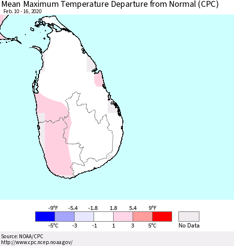 Sri Lanka Mean Maximum Temperature Departure from Normal (CPC) Thematic Map For 2/10/2020 - 2/16/2020