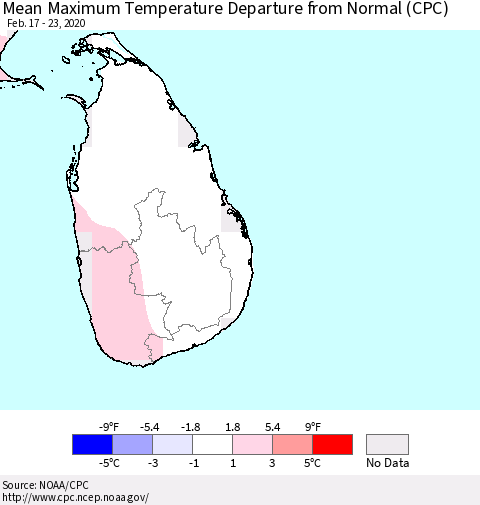 Sri Lanka Maximum Temperature Departure From Normal (CPC) Thematic Map For 2/17/2020 - 2/23/2020