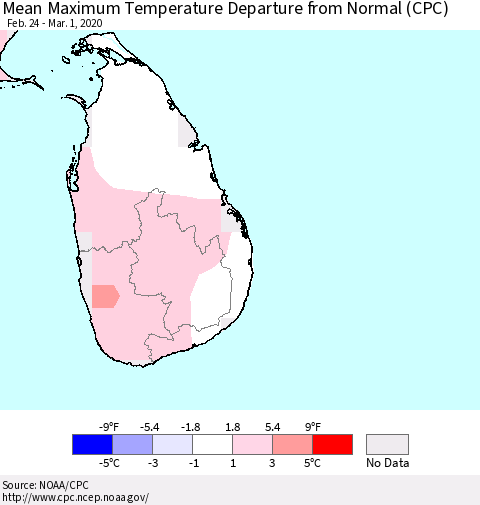 Sri Lanka Mean Maximum Temperature Departure from Normal (CPC) Thematic Map For 2/24/2020 - 3/1/2020