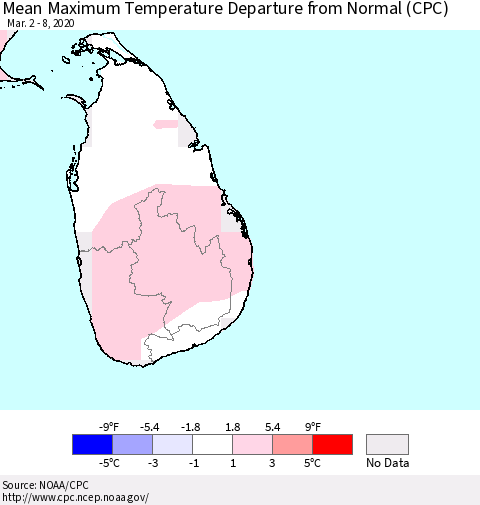 Sri Lanka Maximum Temperature Departure From Normal (CPC) Thematic Map For 3/2/2020 - 3/8/2020