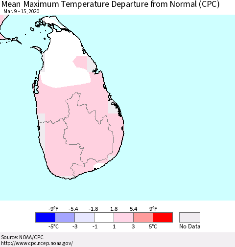 Sri Lanka Maximum Temperature Departure From Normal (CPC) Thematic Map For 3/9/2020 - 3/15/2020