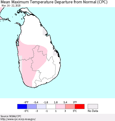 Sri Lanka Maximum Temperature Departure From Normal (CPC) Thematic Map For 3/16/2020 - 3/22/2020