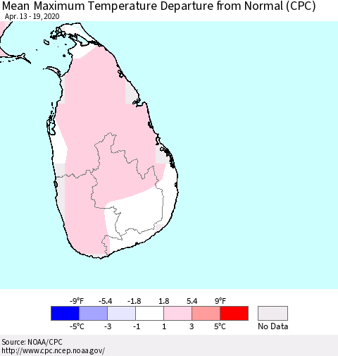 Sri Lanka Mean Maximum Temperature Departure from Normal (CPC) Thematic Map For 4/13/2020 - 4/19/2020