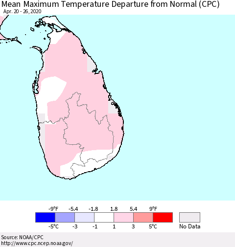 Sri Lanka Mean Maximum Temperature Departure from Normal (CPC) Thematic Map For 4/20/2020 - 4/26/2020