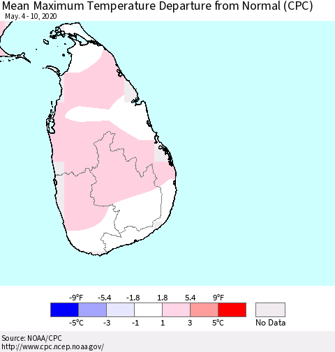 Sri Lanka Maximum Temperature Departure From Normal (CPC) Thematic Map For 5/4/2020 - 5/10/2020