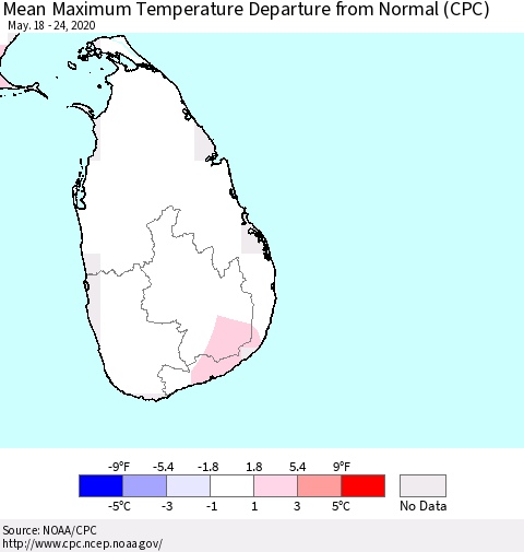 Sri Lanka Maximum Temperature Departure From Normal (CPC) Thematic Map For 5/18/2020 - 5/24/2020