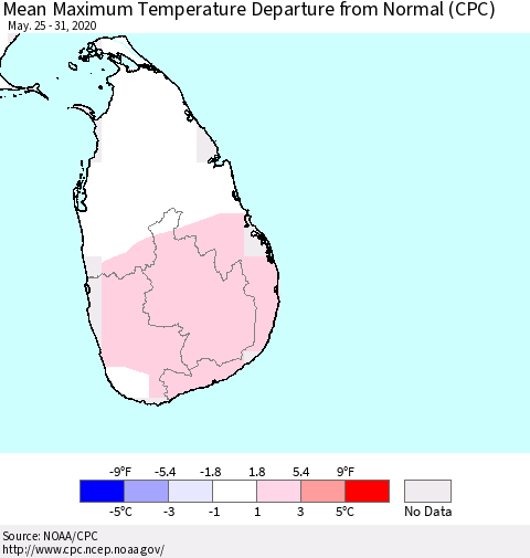 Sri Lanka Mean Maximum Temperature Departure from Normal (CPC) Thematic Map For 5/25/2020 - 5/31/2020