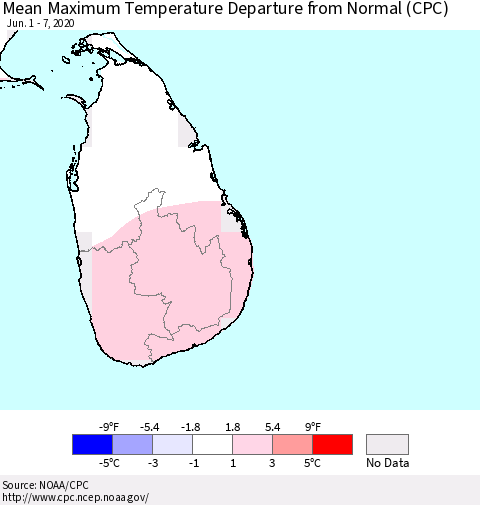 Sri Lanka Maximum Temperature Departure From Normal (CPC) Thematic Map For 6/1/2020 - 6/7/2020