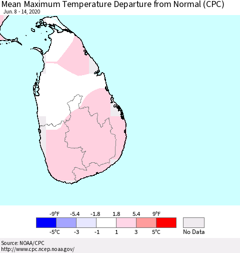 Sri Lanka Maximum Temperature Departure From Normal (CPC) Thematic Map For 6/8/2020 - 6/14/2020