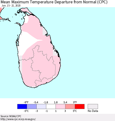 Sri Lanka Maximum Temperature Departure From Normal (CPC) Thematic Map For 6/15/2020 - 6/21/2020