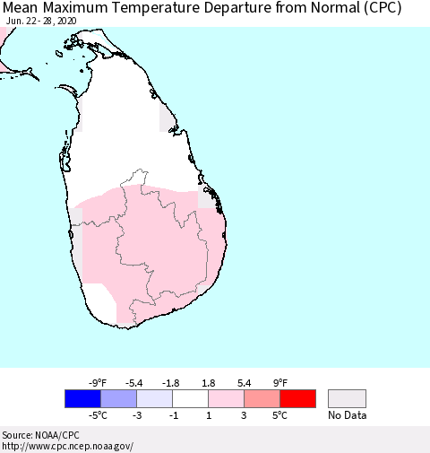 Sri Lanka Maximum Temperature Departure From Normal (CPC) Thematic Map For 6/22/2020 - 6/28/2020