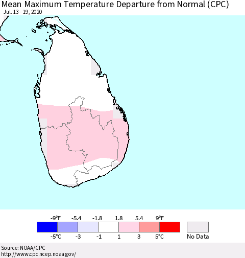 Sri Lanka Mean Maximum Temperature Departure from Normal (CPC) Thematic Map For 7/13/2020 - 7/19/2020