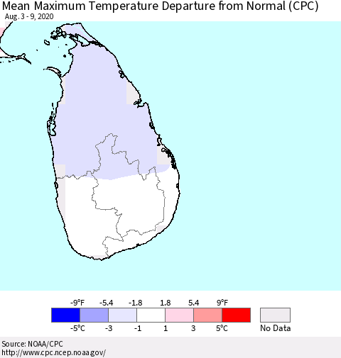 Sri Lanka Maximum Temperature Departure From Normal (CPC) Thematic Map For 8/3/2020 - 8/9/2020