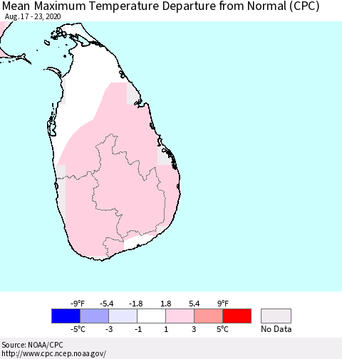 Sri Lanka Mean Maximum Temperature Departure from Normal (CPC) Thematic Map For 8/17/2020 - 8/23/2020