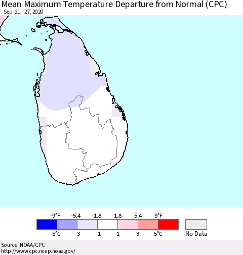 Sri Lanka Maximum Temperature Departure From Normal (CPC) Thematic Map For 9/21/2020 - 9/27/2020