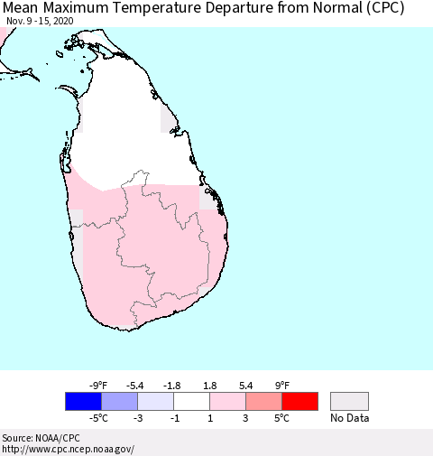 Sri Lanka Mean Maximum Temperature Departure from Normal (CPC) Thematic Map For 11/9/2020 - 11/15/2020