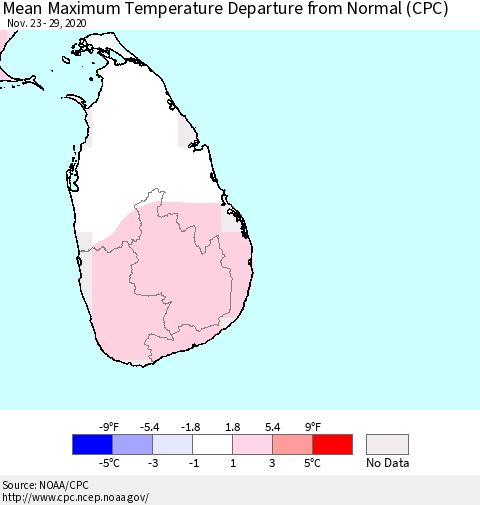 Sri Lanka Maximum Temperature Departure from Normal (CPC) Thematic Map For 11/23/2020 - 11/29/2020