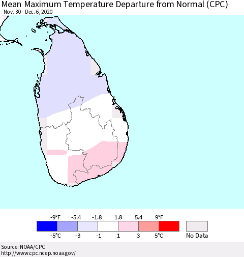 Sri Lanka Maximum Temperature Departure From Normal (CPC) Thematic Map For 11/30/2020 - 12/6/2020