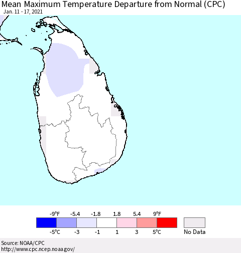 Sri Lanka Maximum Temperature Departure From Normal (CPC) Thematic Map For 1/11/2021 - 1/17/2021