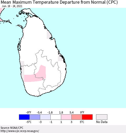 Sri Lanka Mean Maximum Temperature Departure from Normal (CPC) Thematic Map For 1/18/2021 - 1/24/2021