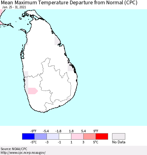 Sri Lanka Mean Maximum Temperature Departure from Normal (CPC) Thematic Map For 1/25/2021 - 1/31/2021