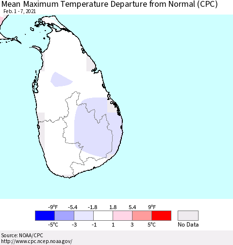 Sri Lanka Maximum Temperature Departure from Normal (CPC) Thematic Map For 2/1/2021 - 2/7/2021