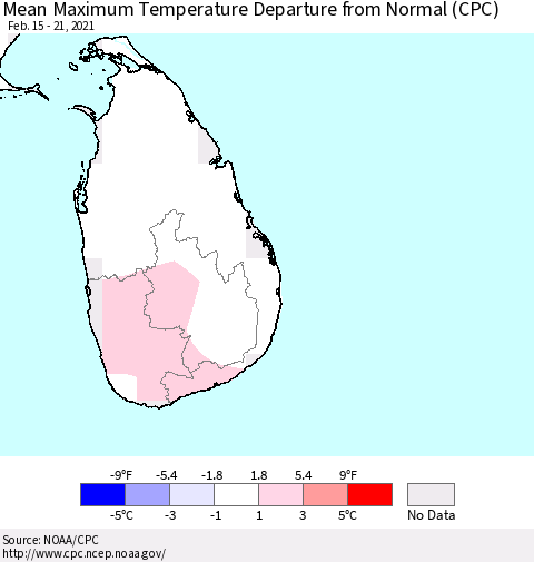 Sri Lanka Mean Maximum Temperature Departure from Normal (CPC) Thematic Map For 2/15/2021 - 2/21/2021