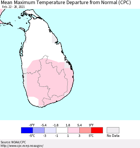 Sri Lanka Mean Maximum Temperature Departure from Normal (CPC) Thematic Map For 2/22/2021 - 2/28/2021