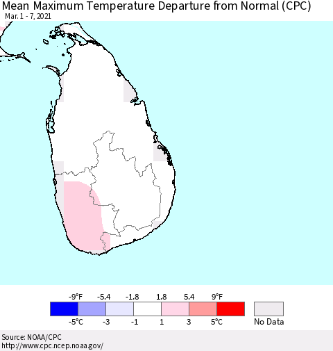 Sri Lanka Mean Maximum Temperature Departure from Normal (CPC) Thematic Map For 3/1/2021 - 3/7/2021