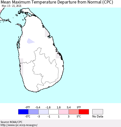 Sri Lanka Maximum Temperature Departure from Normal (CPC) Thematic Map For 3/15/2021 - 3/21/2021