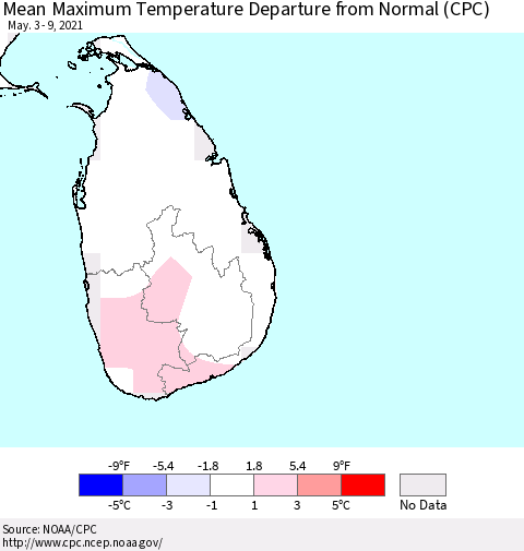 Sri Lanka Maximum Temperature Departure from Normal (CPC) Thematic Map For 5/3/2021 - 5/9/2021