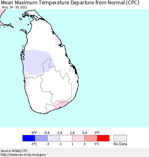 Sri Lanka Maximum Temperature Departure from Normal (CPC) Thematic Map For 5/24/2021 - 5/30/2021
