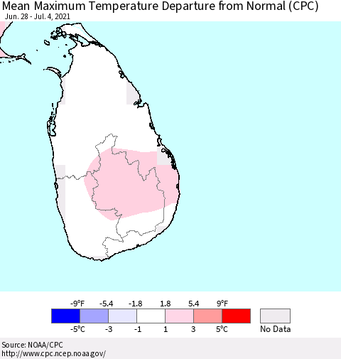Sri Lanka Mean Maximum Temperature Departure from Normal (CPC) Thematic Map For 6/28/2021 - 7/4/2021