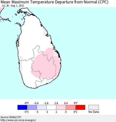 Sri Lanka Mean Maximum Temperature Departure from Normal (CPC) Thematic Map For 7/26/2021 - 8/1/2021