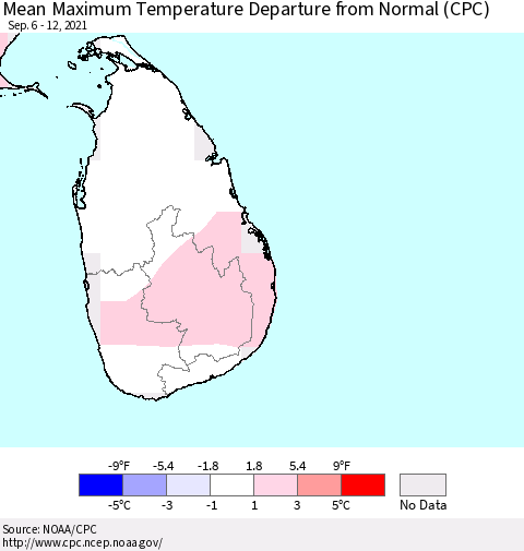 Sri Lanka Mean Maximum Temperature Departure from Normal (CPC) Thematic Map For 9/6/2021 - 9/12/2021