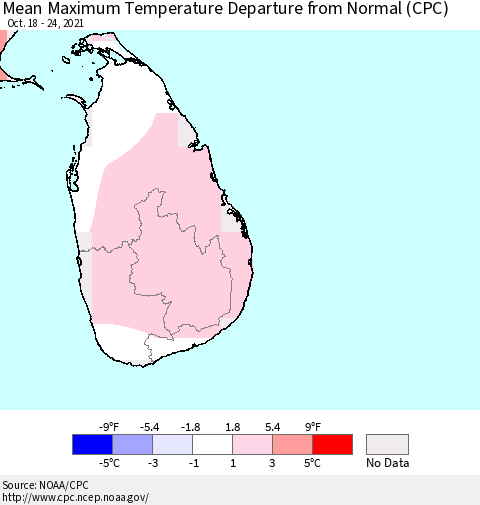 Sri Lanka Mean Maximum Temperature Departure from Normal (CPC) Thematic Map For 10/18/2021 - 10/24/2021