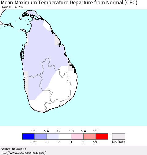 Sri Lanka Maximum Temperature Departure from Normal (CPC) Thematic Map For 11/8/2021 - 11/14/2021