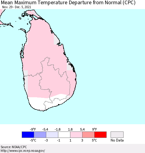 Sri Lanka Maximum Temperature Departure From Normal (CPC) Thematic Map For 11/29/2021 - 12/5/2021