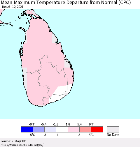 Sri Lanka Mean Maximum Temperature Departure from Normal (CPC) Thematic Map For 12/6/2021 - 12/12/2021