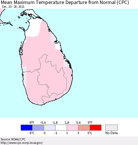 Sri Lanka Maximum Temperature Departure from Normal (CPC) Thematic Map For 12/20/2021 - 12/26/2021